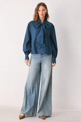 OCEAN INK PUSSY-BOW WOVEN TOP
