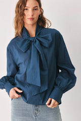 OCEAN INK PUSSY-BOW WOVEN TOP
