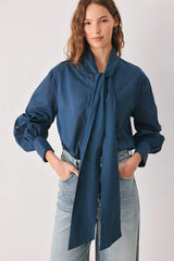 OCEAN INK PUSSY-BOW WOVEN TOP