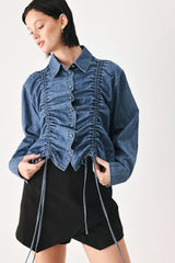 CASUAL ENCOUNTER INDIGO RUCHED DENIM BUTTON-DOWN TOP