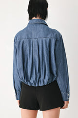 CASUAL ENCOUNTER INDIGO RUCHED DENIM BUTTON-DOWN TOP