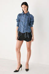 CASUAL ENCOUNTER INDIGO RUCHED DENIM BUTTON-DOWN TOP