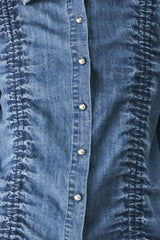 CASUAL ENCOUNTER INDIGO RUCHED DENIM BUTTON-DOWN TOP
