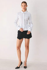 MODERNIST PINSTRIPE FLARED-WAIST WOVEN TOP