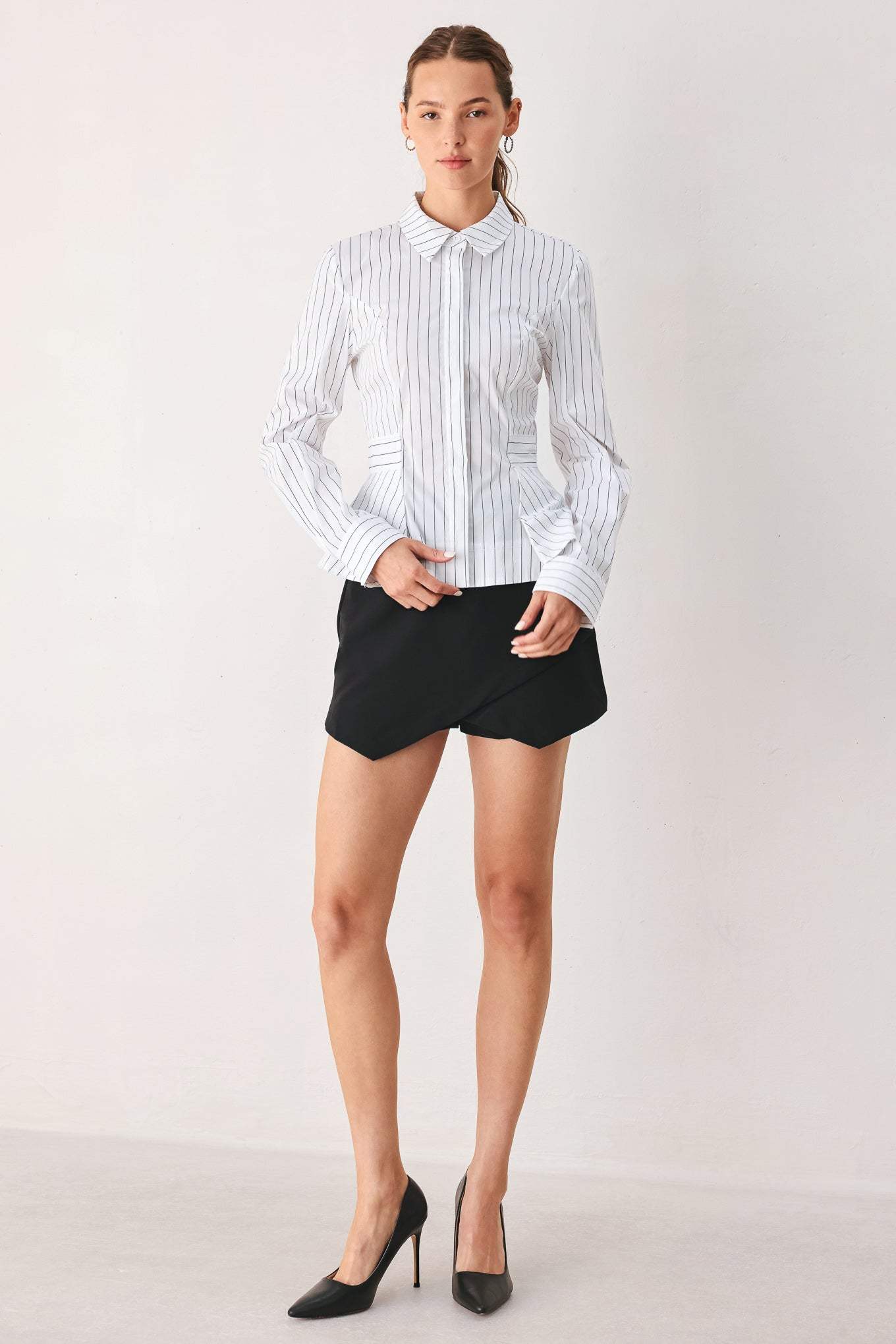 MODERNIST PINSTRIPE FLARED-WAIST WOVEN TOP