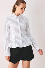MODERNIST PINSTRIPE FLARED-WAIST WOVEN TOP
