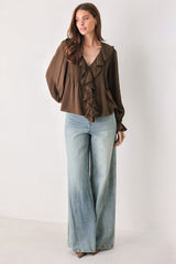 EARTHBOUND ROMANCE BROWN RUFFLE PINTUCK BLOUSE - Flying Tomato - Flyclothing LLC
