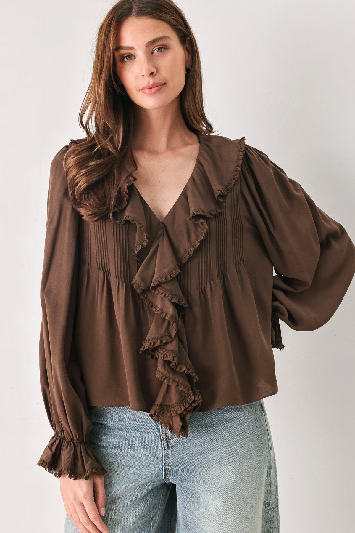 EARTHBOUND ROMANCE BROWN RUFFLE PINTUCK BLOUSE - Flying Tomato - Flyclothing LLC