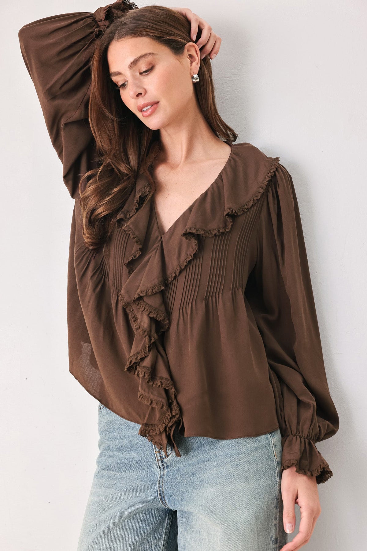 EARTHBOUND ROMANCE BROWN RUFFLE PINTUCK BLOUSE - Flying Tomato - Flyclothing LLC