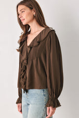 EARTHBOUND ROMANCE BROWN RUFFLE PINTUCK BLOUSE - Flying Tomato - Flyclothing LLC