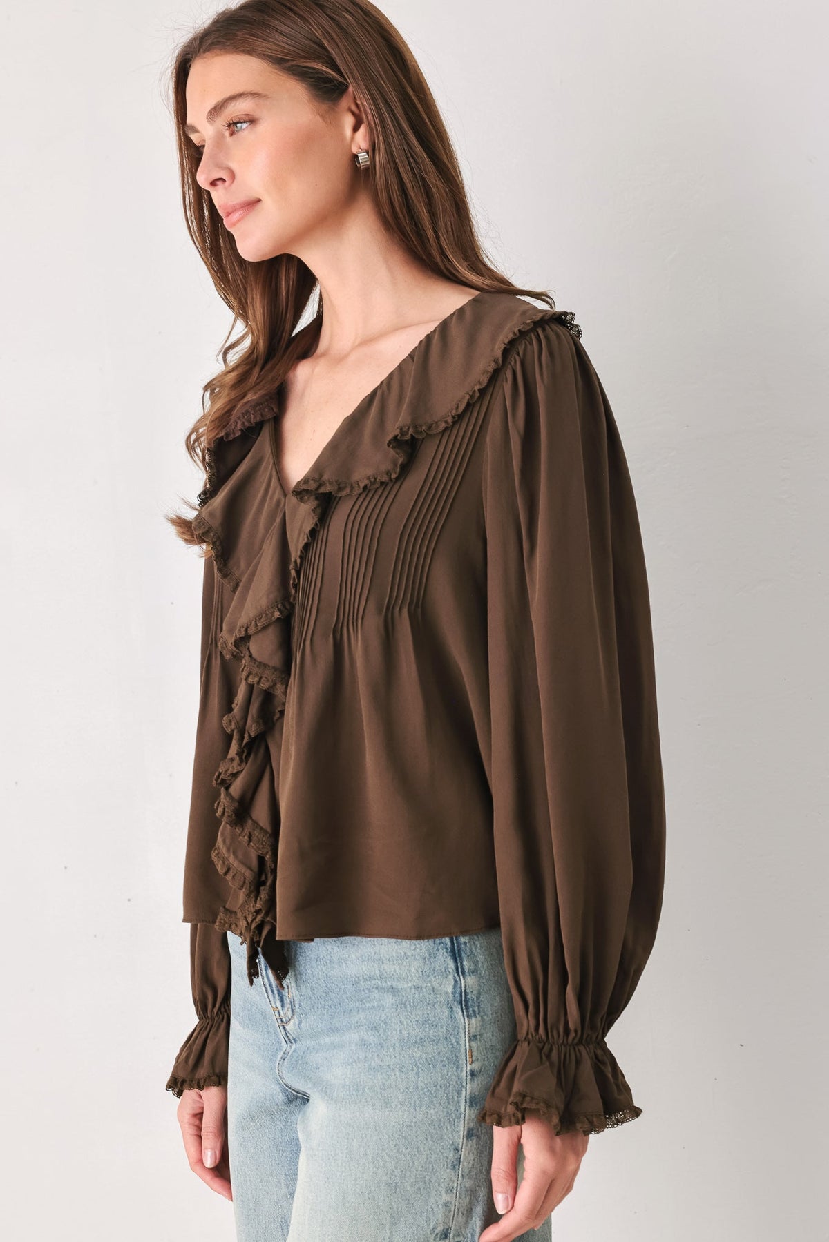 EARTHBOUND ROMANCE BROWN RUFFLE PINTUCK BLOUSE - Flying Tomato - Flyclothing LLC