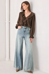 EARTHBOUND ROMANCE BROWN RUFFLE PINTUCK BLOUSE - Flying Tomato - Flyclothing LLC