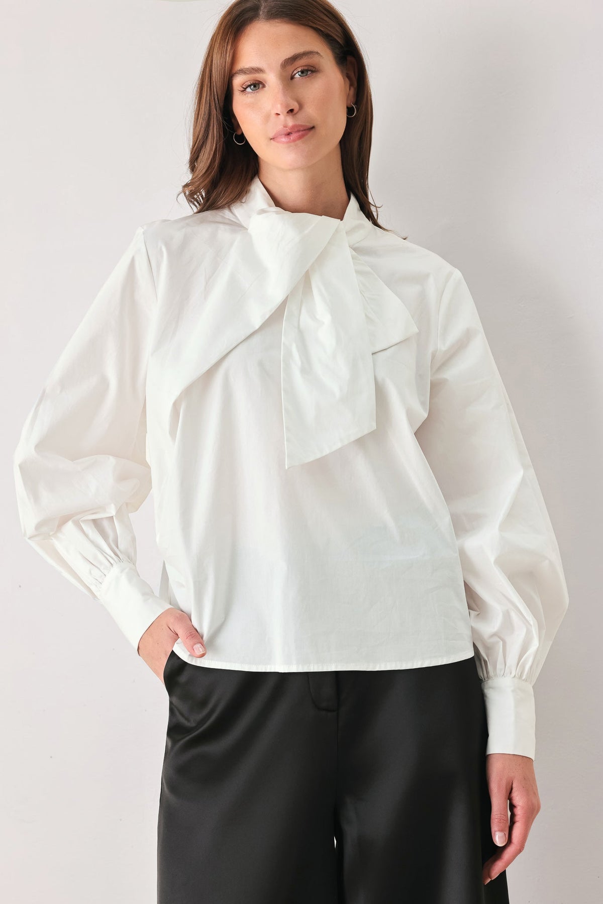 IVORY IMPACT OFF WHITE ASYMMETRICAL TIE-NECK PUFF-SLEEVE TOP - Flying Tomato - Flyclothing LLC