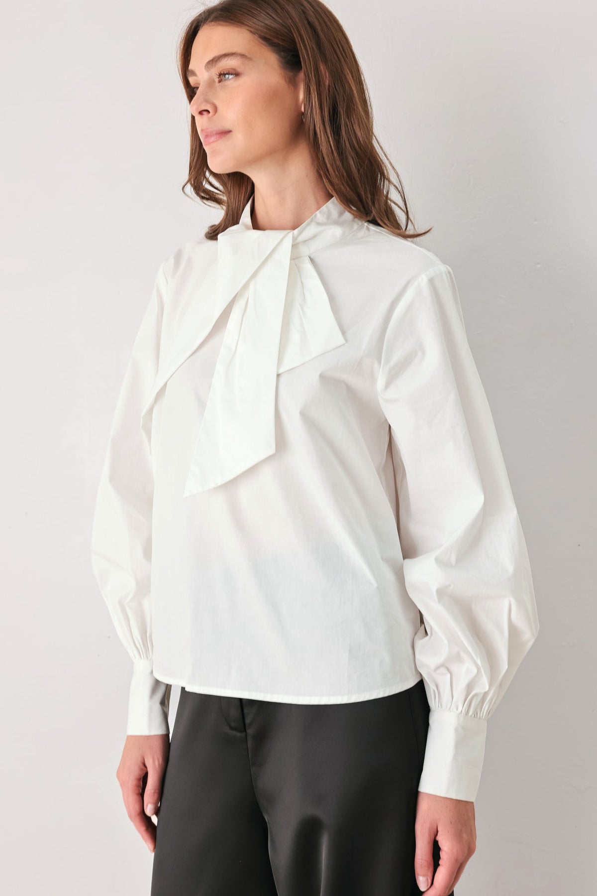 IVORY IMPACT OFF WHITE ASYMMETRICAL TIE-NECK PUFF-SLEEVE TOP - Flying Tomato - Flyclothing LLC