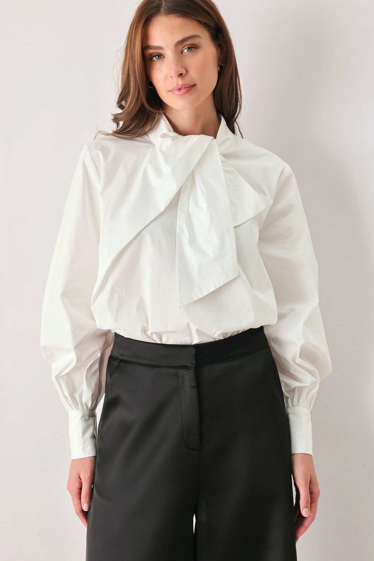 IVORY IMPACT OFF WHITE ASYMMETRICAL TIE-NECK PUFF-SLEEVE TOP - Flying Tomato - Flyclothing LLC
