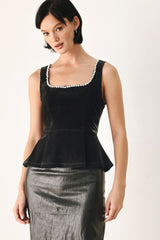 MIDNIGHT GLAM JEWELED VELVET PEPLUM TOP