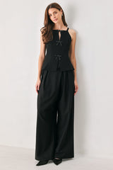 BOW NOIR BLACK RHINESTONE HALTER PEPLUM TOP - Flying Tomato - Flyclothing LLC
