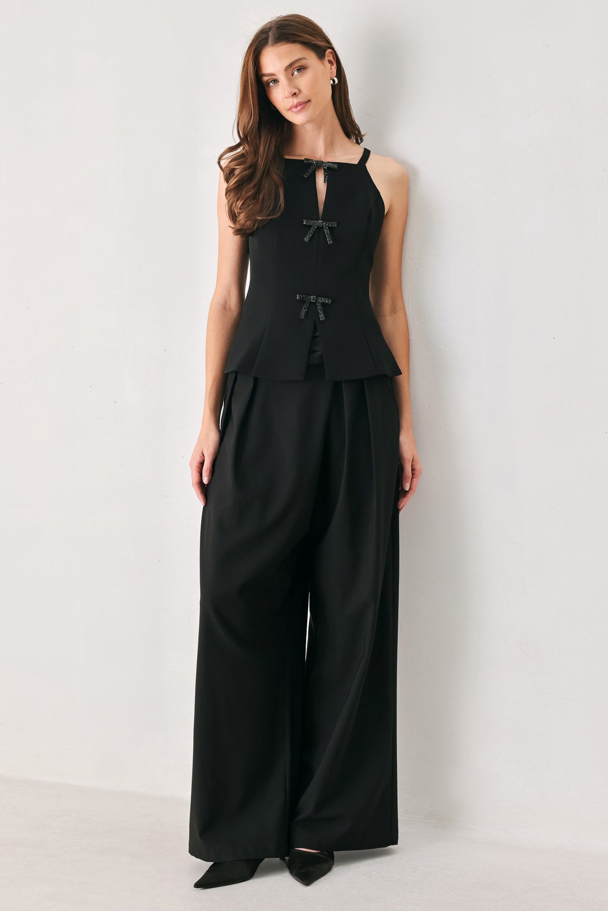 BOW NOIR BLACK RHINESTONE HALTER PEPLUM TOP - Flying Tomato - Flyclothing LLC