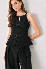 BOW NOIR BLACK RHINESTONE HALTER PEPLUM TOP - Flying Tomato - Flyclothing LLC
