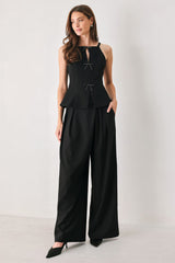BOW NOIR BLACK RHINESTONE HALTER PEPLUM TOP - Flying Tomato - Flyclothing LLC