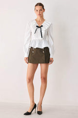 AMELIE PLEATED RUFFLE V-NECK WOVEN TOP - Flying Tomato - Flyclothing LLC