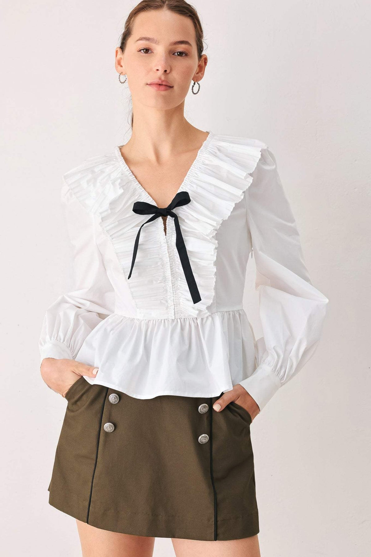 AMELIE PLEATED RUFFLE V-NECK WOVEN TOP - Flying Tomato - Flyclothing LLC