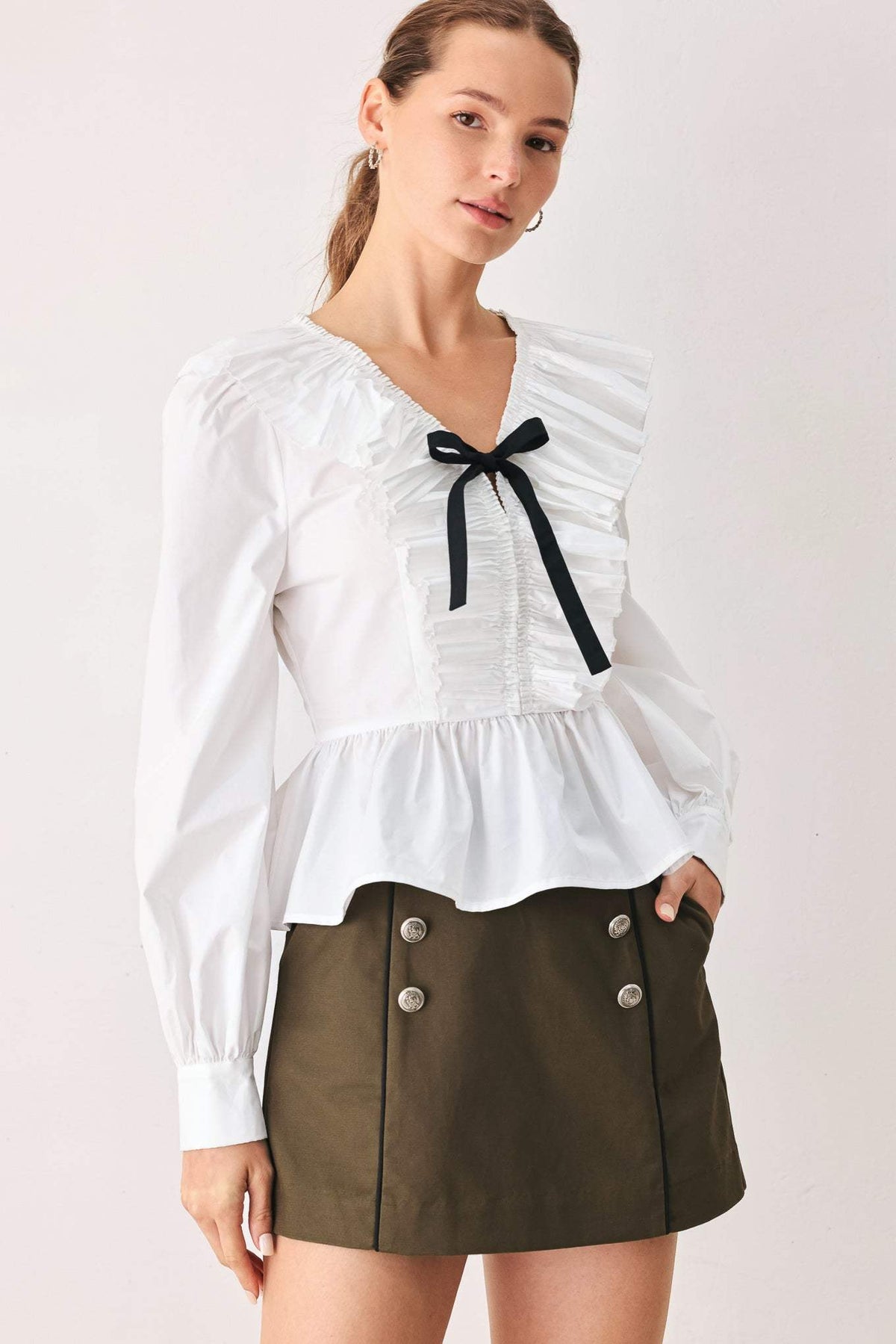 AMELIE PLEATED RUFFLE V-NECK WOVEN TOP - Flying Tomato - Flyclothing LLC