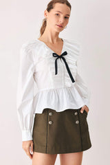 AMELIE PLEATED RUFFLE V-NECK WOVEN TOP - Flying Tomato - Flyclothing LLC