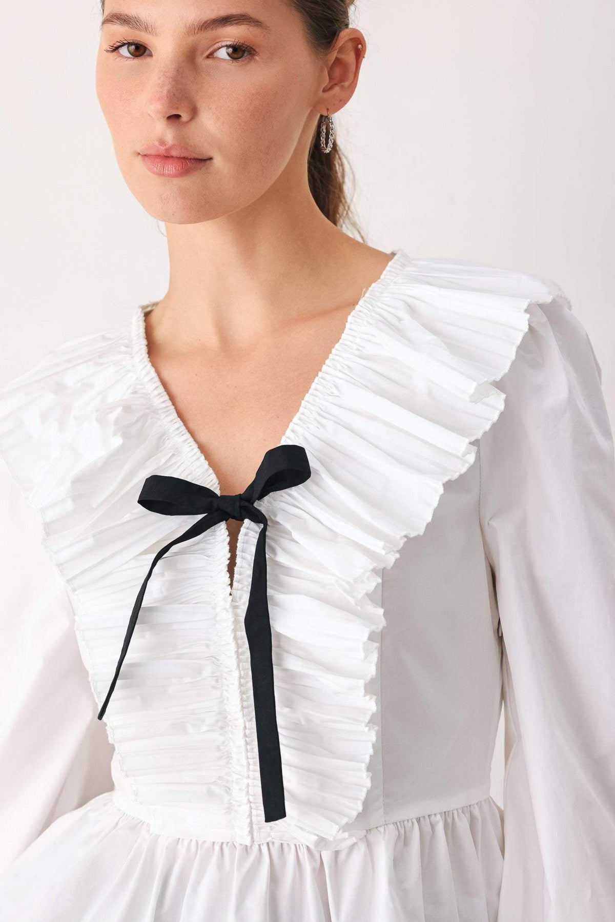 AMELIE PLEATED RUFFLE V-NECK WOVEN TOP - Flying Tomato - Flyclothing LLC
