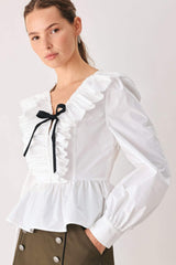 AMELIE PLEATED RUFFLE V-NECK WOVEN TOP - Flying Tomato - Flyclothing LLC