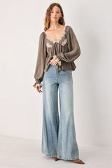 GREIGE ROMANTIC LACE-TRIM WOVEN TOP