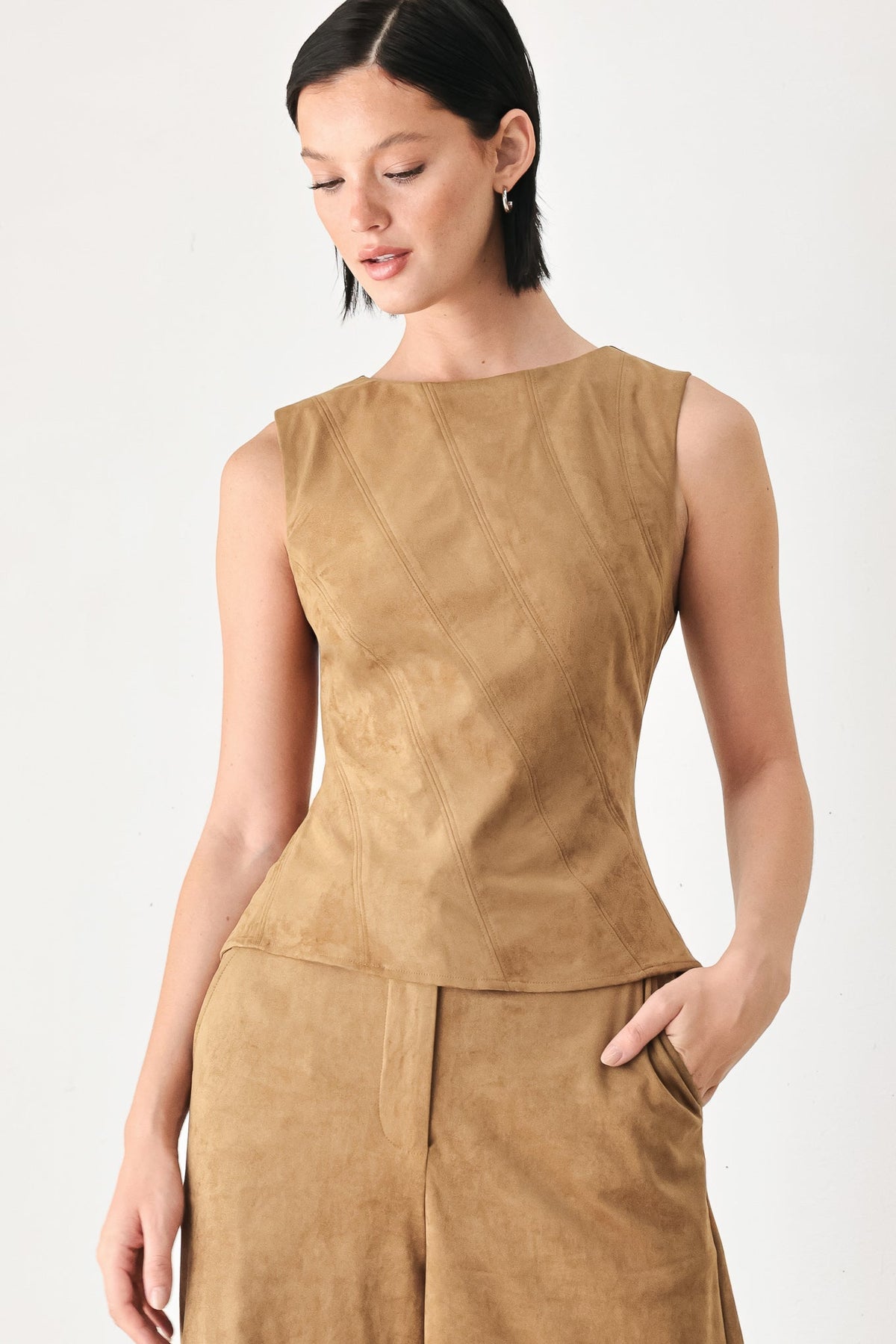 DESERT MOD CAMEL FAUX SUEDE SLEEVELESS TOP - Flying Tomato - Flyclothing LLC