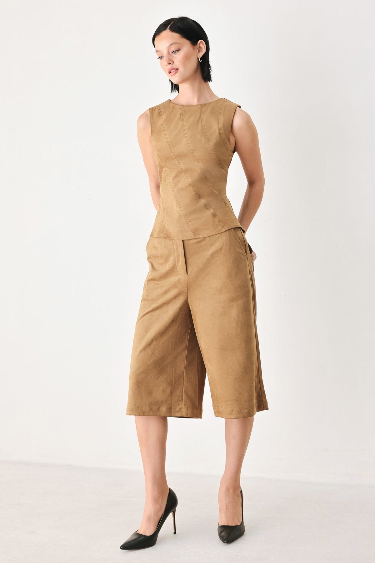 DESERT MOD CAMEL FAUX SUEDE SLEEVELESS TOP - Flying Tomato - Flyclothing LLC
