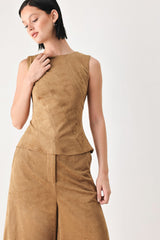 DESERT MOD CAMEL FAUX SUEDE SLEEVELESS TOP - Flying Tomato - Flyclothing LLC
