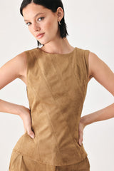 DESERT MOD CAMEL FAUX SUEDE SLEEVELESS TOP - Flying Tomato - Flyclothing LLC
