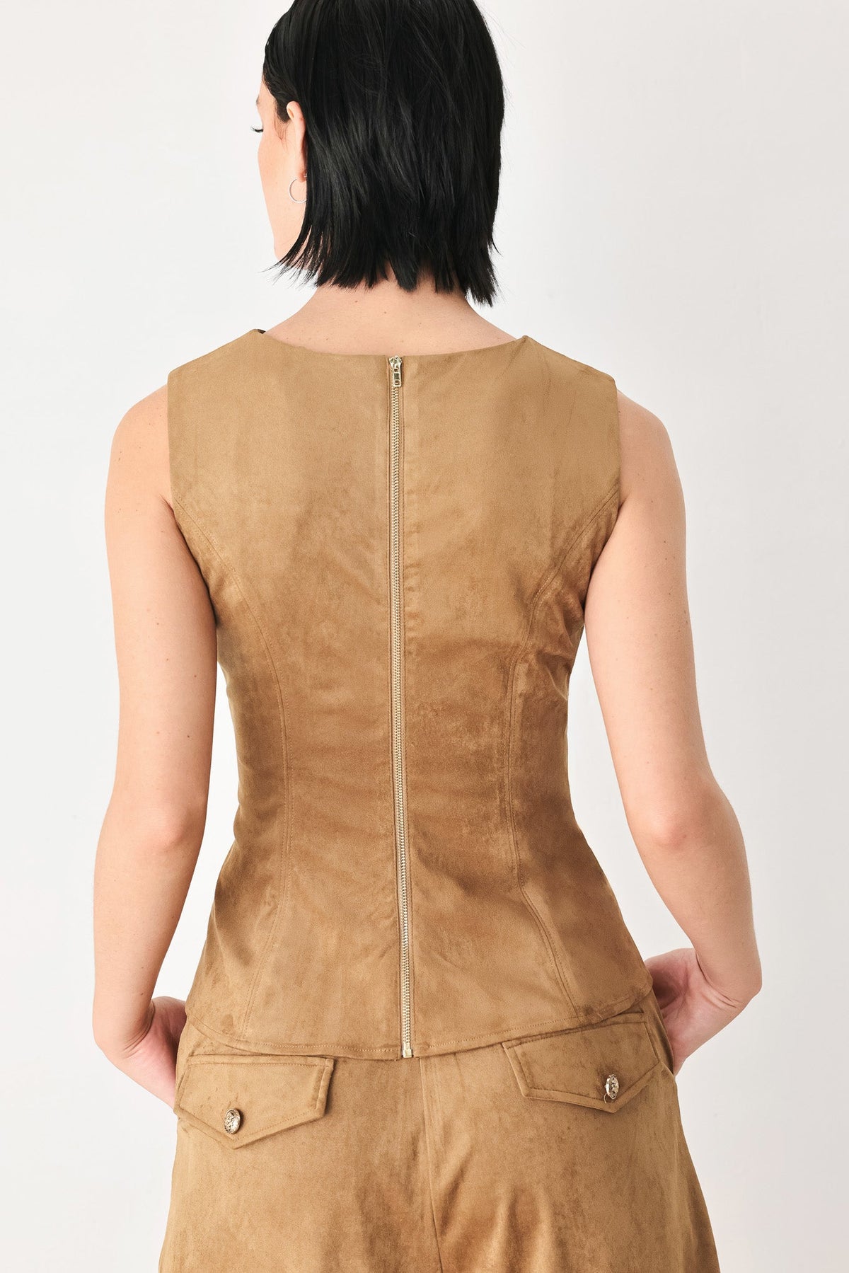 DESERT MOD CAMEL FAUX SUEDE SLEEVELESS TOP - Flying Tomato - Flyclothing LLC