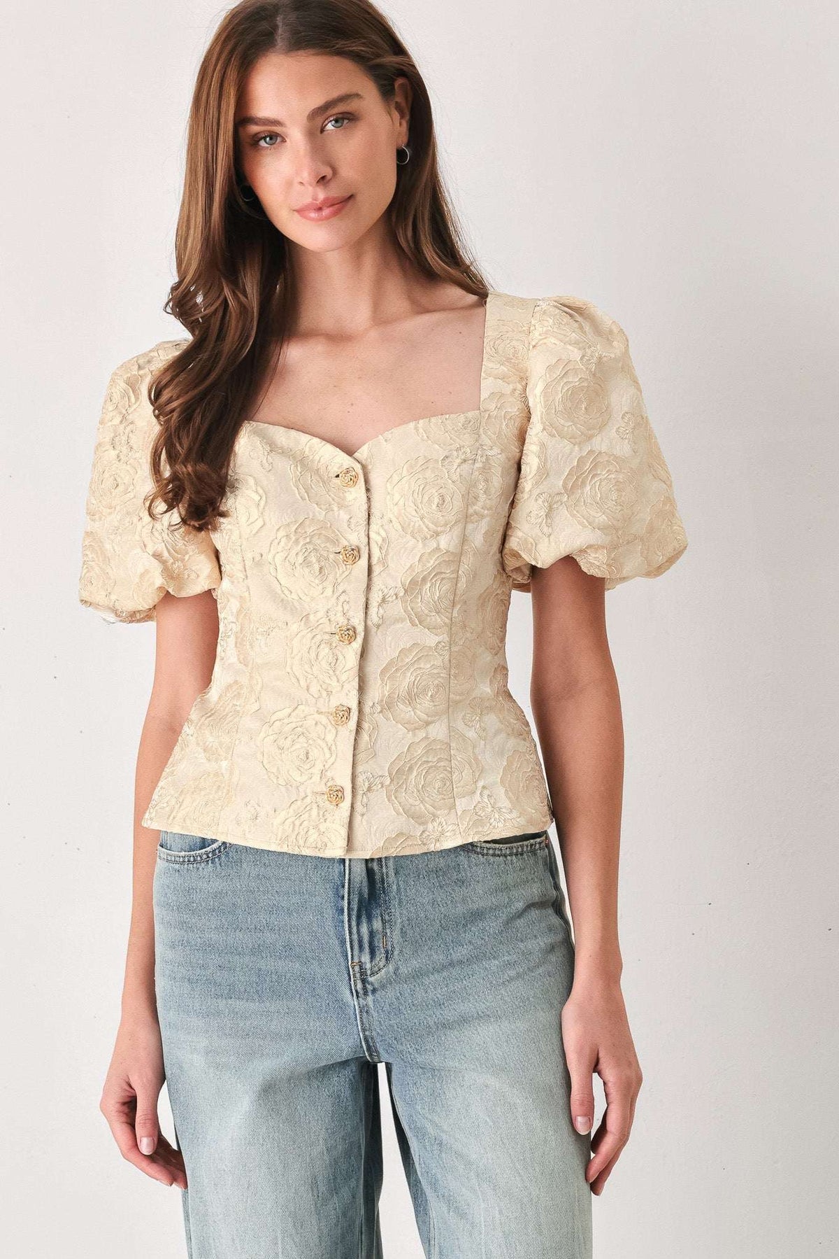 GOLDEN PORTRAIT GOLD TEXTURED PUFF-SLEEVE PEPLUM TOP - Flying Tomato - Flyclothing LLC