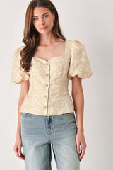 GOLDEN PORTRAIT GOLD TEXTURED PUFF-SLEEVE PEPLUM TOP - Flying Tomato - Flyclothing LLC