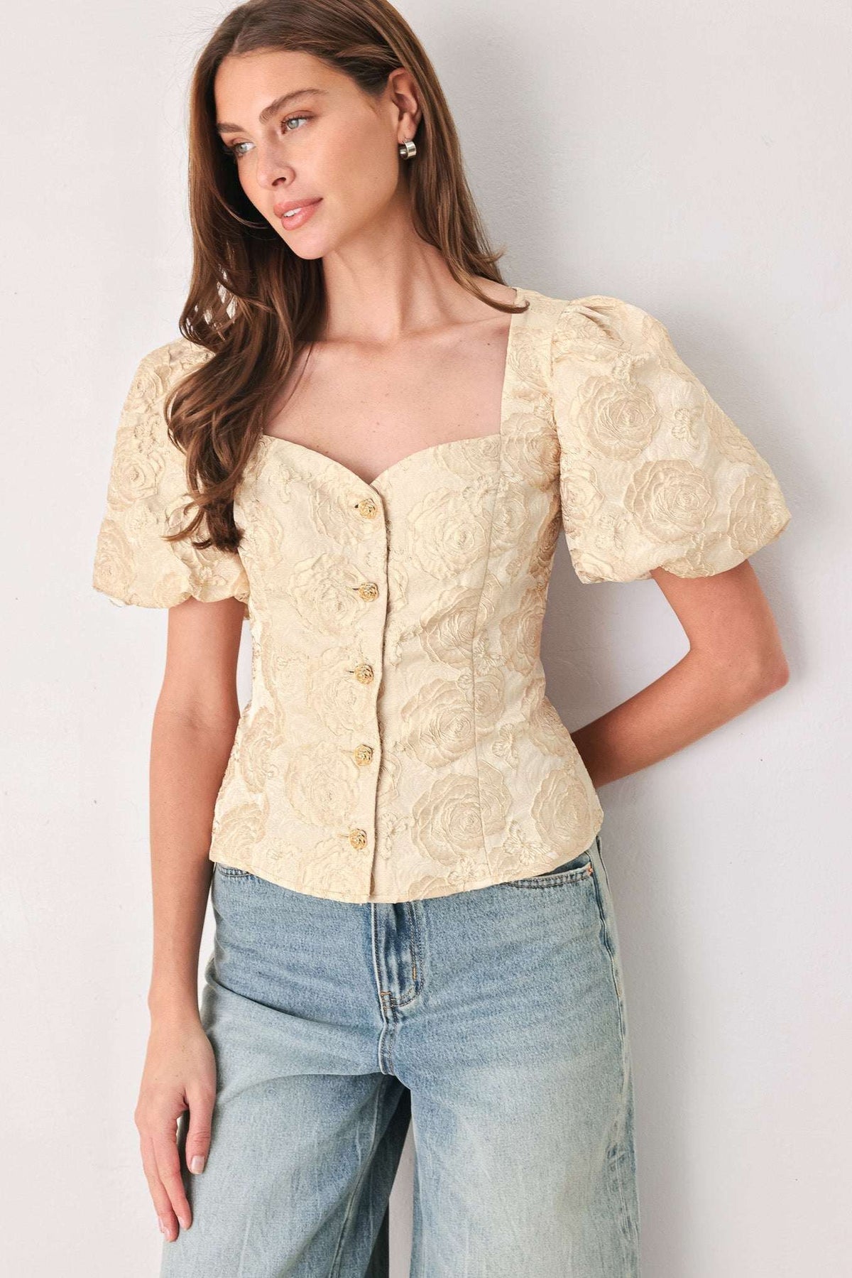 GOLDEN PORTRAIT GOLD TEXTURED PUFF-SLEEVE PEPLUM TOP - Flying Tomato - Flyclothing LLC