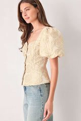 GOLDEN PORTRAIT GOLD TEXTURED PUFF-SLEEVE PEPLUM TOP - Flying Tomato - Flyclothing LLC