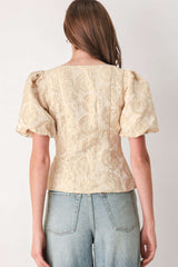 GOLDEN PORTRAIT GOLD TEXTURED PUFF-SLEEVE PEPLUM TOP - Flying Tomato - Flyclothing LLC