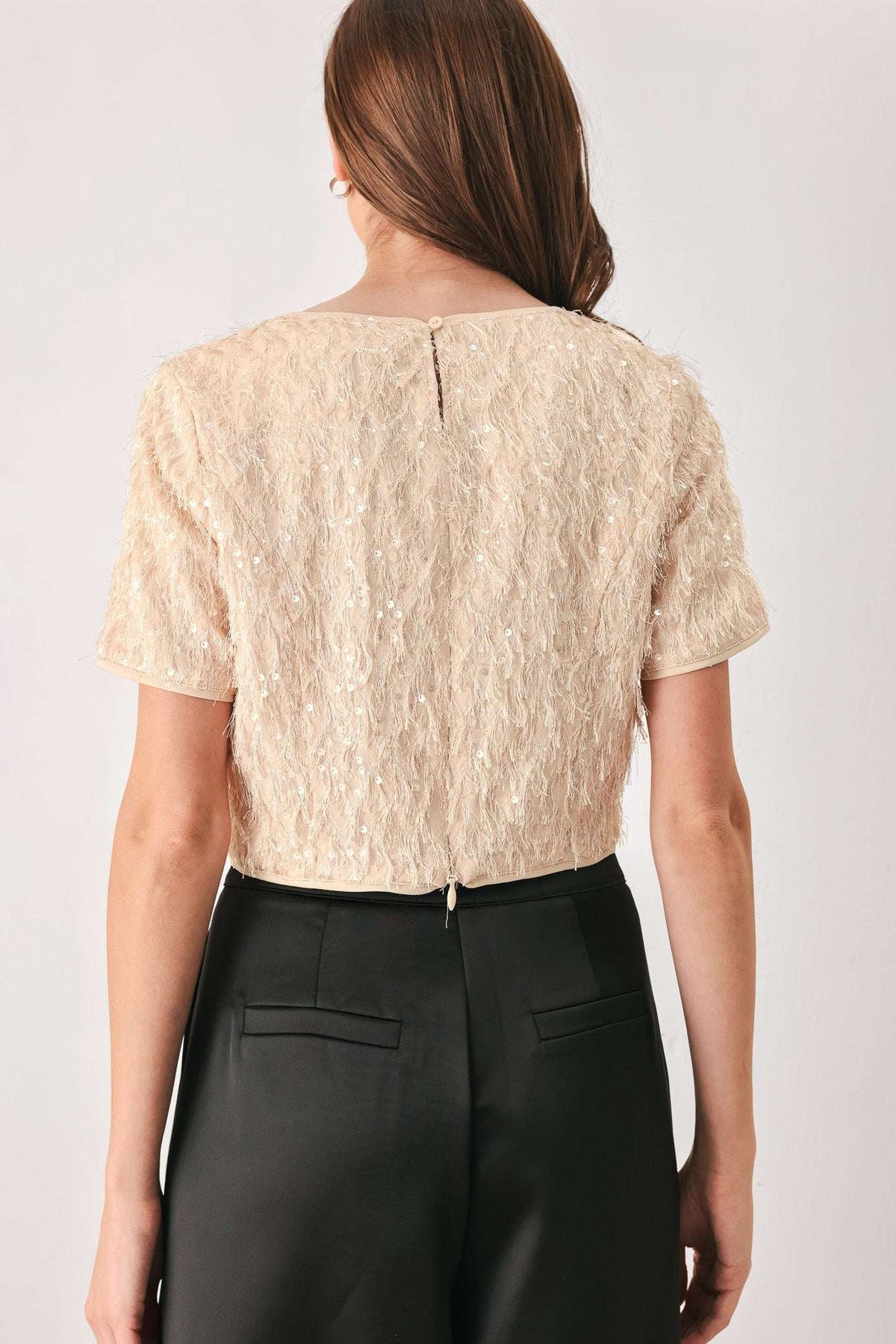 CHAMPAGNE WHISPER SEQUIN EYELASH MESH CROPPED TOP - Flying Tomato - Flyclothing LLC