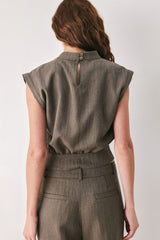 TAILORED TEMPO BROWN FUNNEL-NECK BELTED TOP