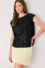 IVORY FRINGE OFF WHITE SEQUIN SLEEVELESS TOP