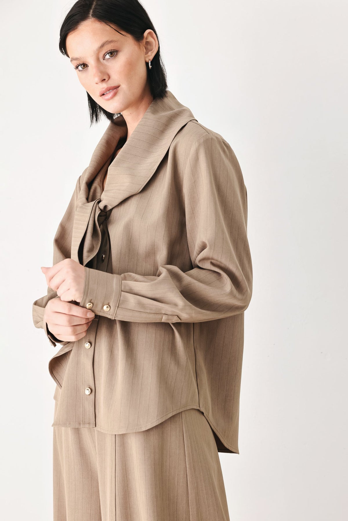 MOCHA MUSE SCARF TIE BUTTON DOWN TOP - Flying Tomato - Flyclothing LLC