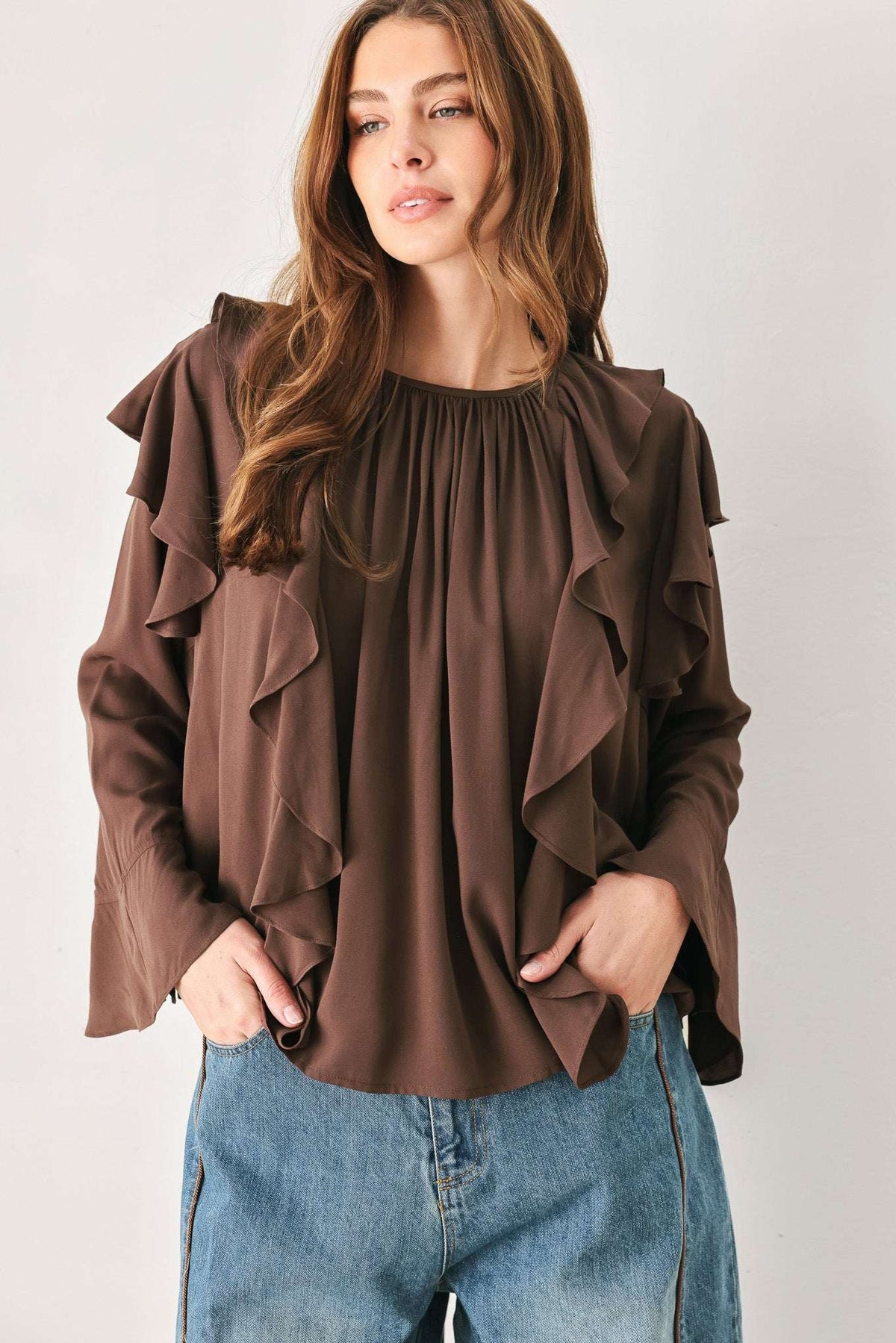 COCOA CASCADE BROWN TIERED-RUFFLE BLOUSE - Flying Tomato - Flyclothing LLC