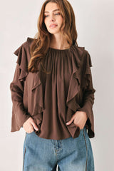 COCOA CASCADE BROWN TIERED-RUFFLE BLOUSE - Flying Tomato - Flyclothing LLC