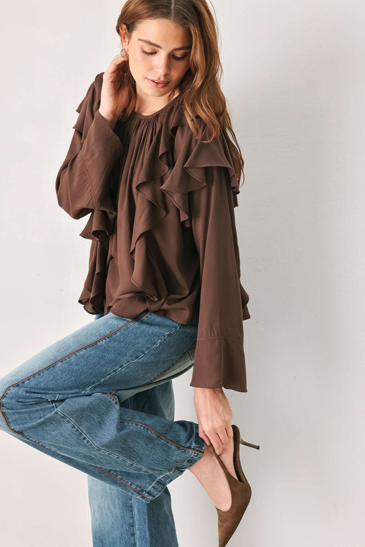 COCOA CASCADE BROWN TIERED-RUFFLE BLOUSE - Flying Tomato - Flyclothing LLC