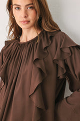 COCOA CASCADE BROWN TIERED-RUFFLE BLOUSE - Flying Tomato - Flyclothing LLC