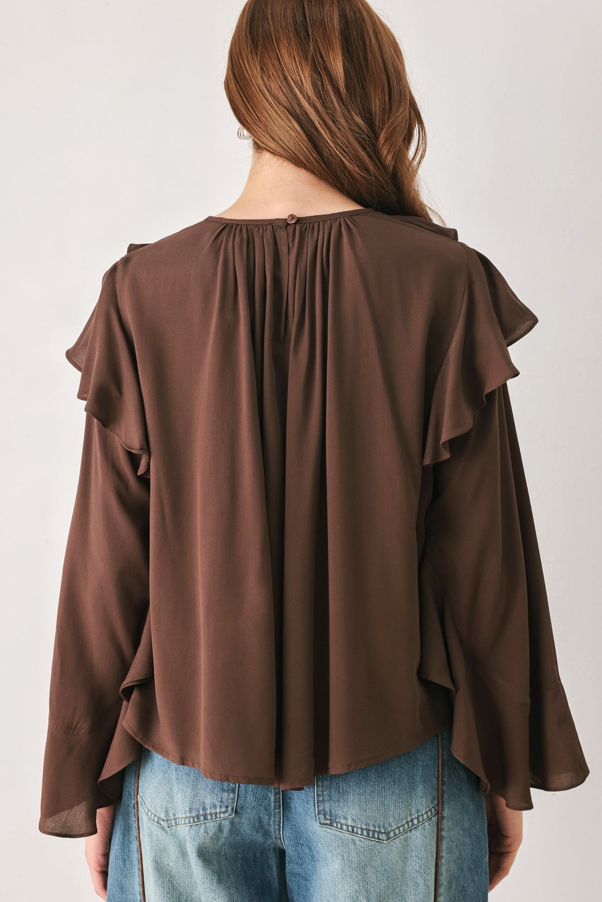 COCOA CASCADE BROWN TIERED-RUFFLE BLOUSE - Flying Tomato - Flyclothing LLC